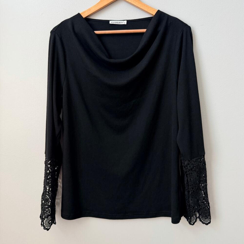 GUBERRY Black Draped Cowl Neck Blouse with Crochet Lace Sleeves - Size XL